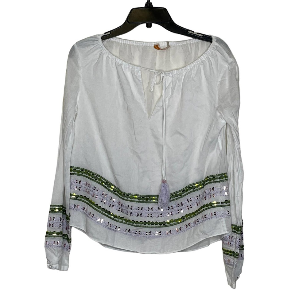 Tory Burch‎ Blouse Size 2 White With Green Pink Sequin 100% Cotton LS Tasseled